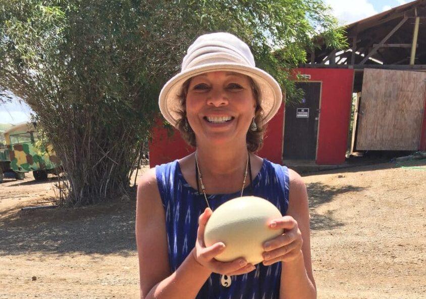Denise holding an ostrich egg