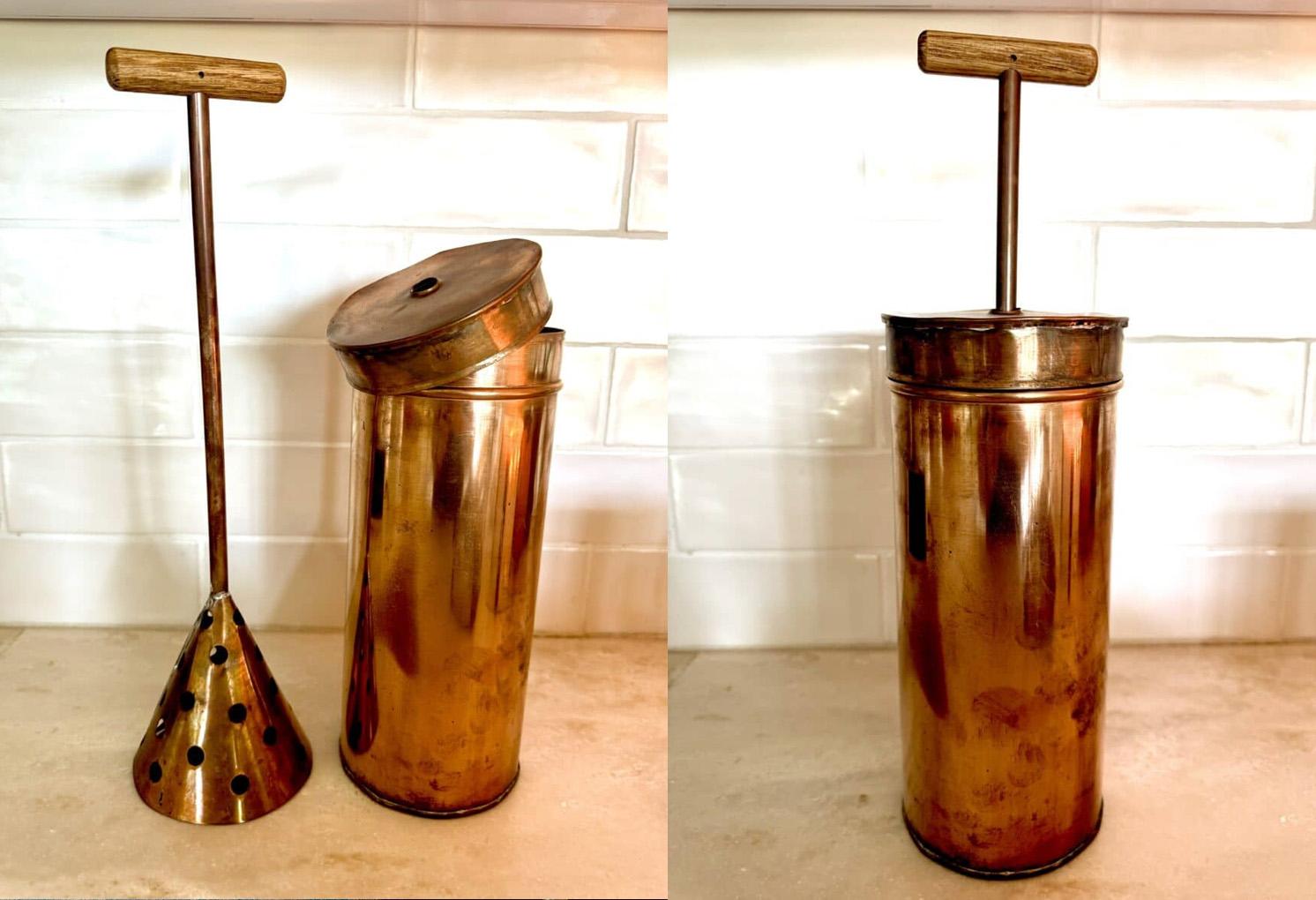 Copper Syllabub maker in pieces and assembled