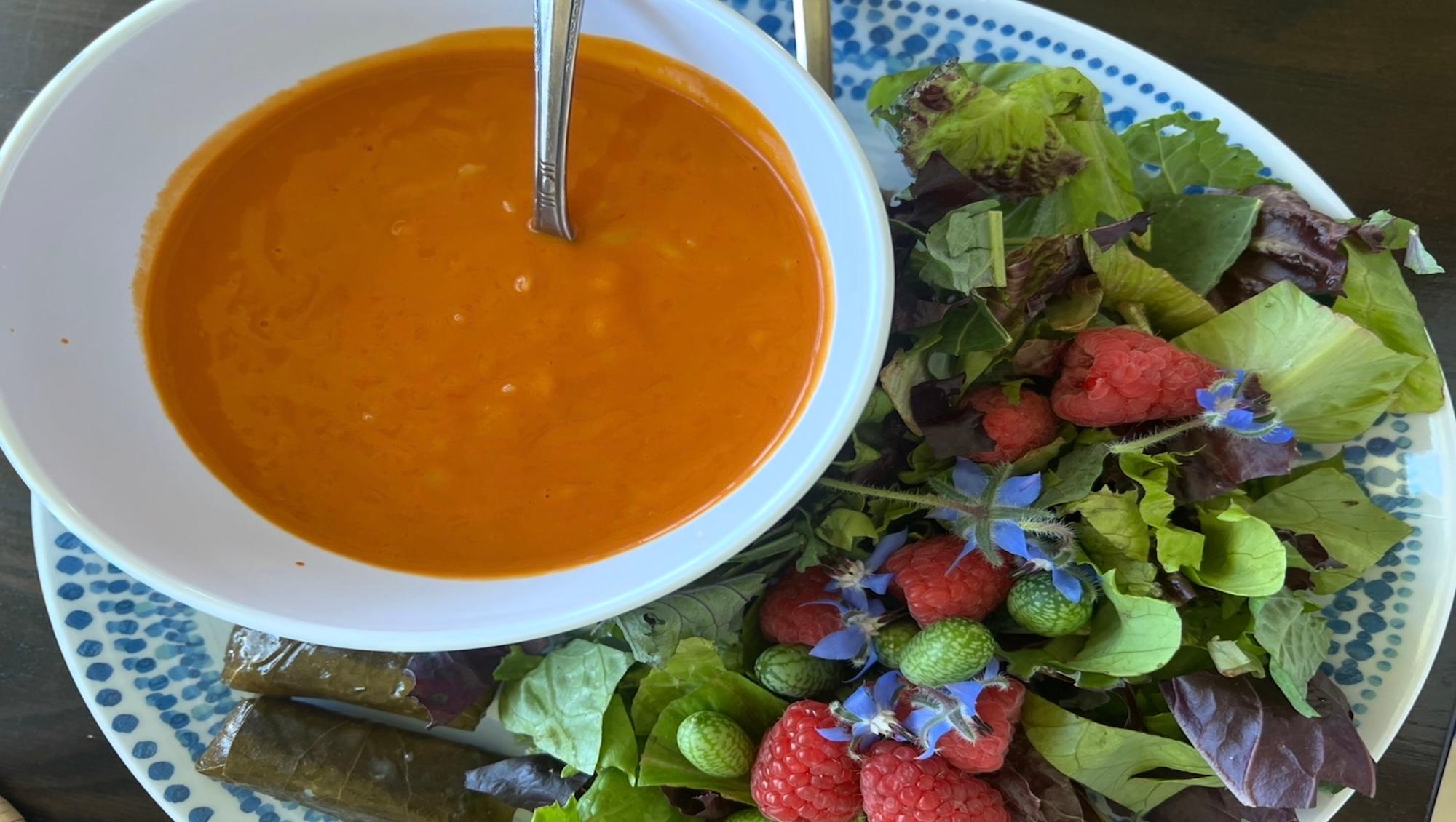 Bowl of vegetable soup on a plate of fresh salad greens from the garden.