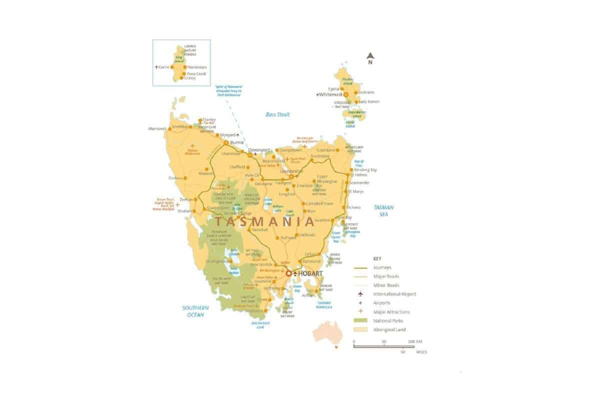 Detailed map of Tasmania highlighting various regions and landmarks.