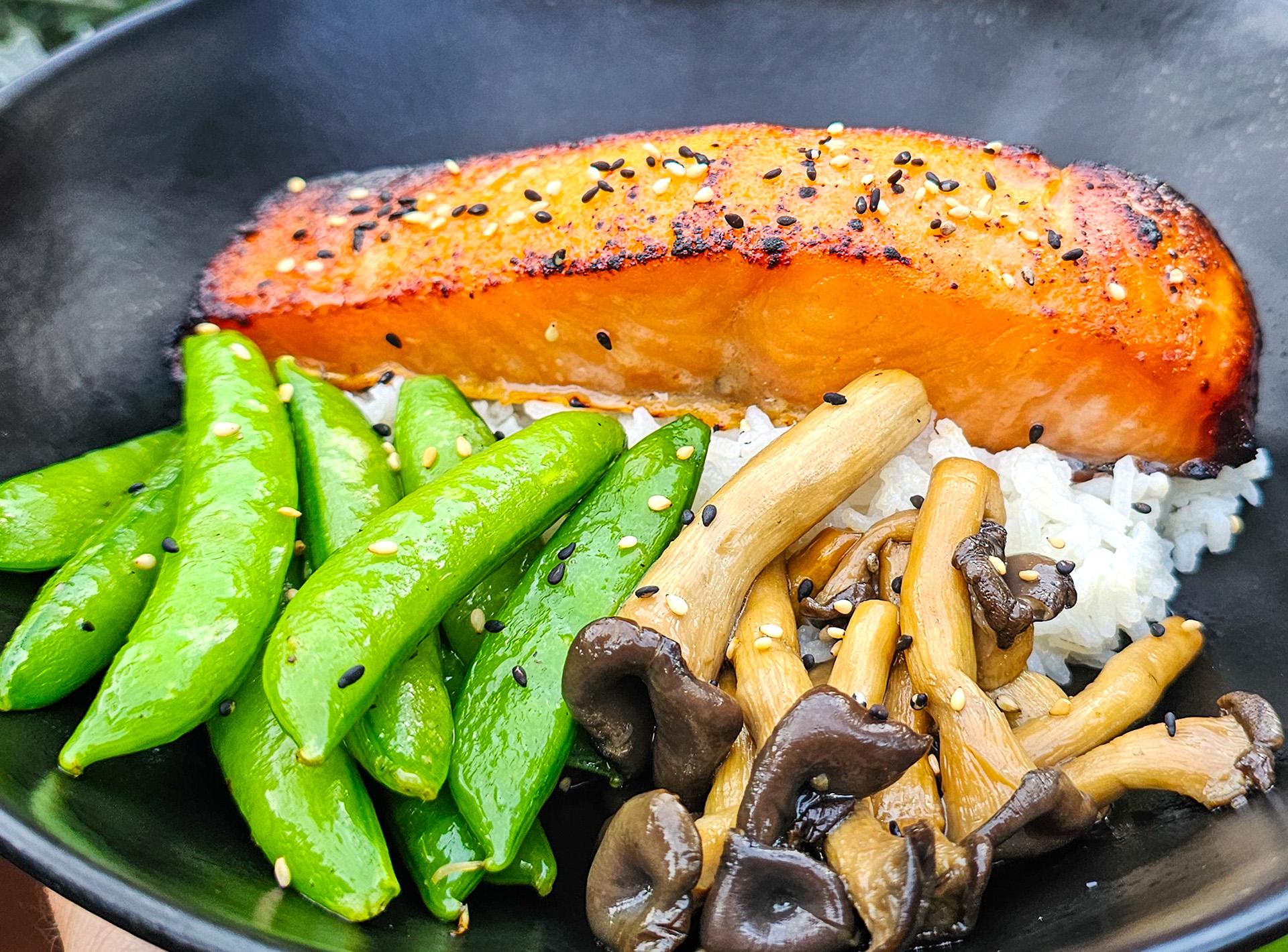Miso-Sriracha Salmon with Soy-Glazed Mushrooms and Snap Peas